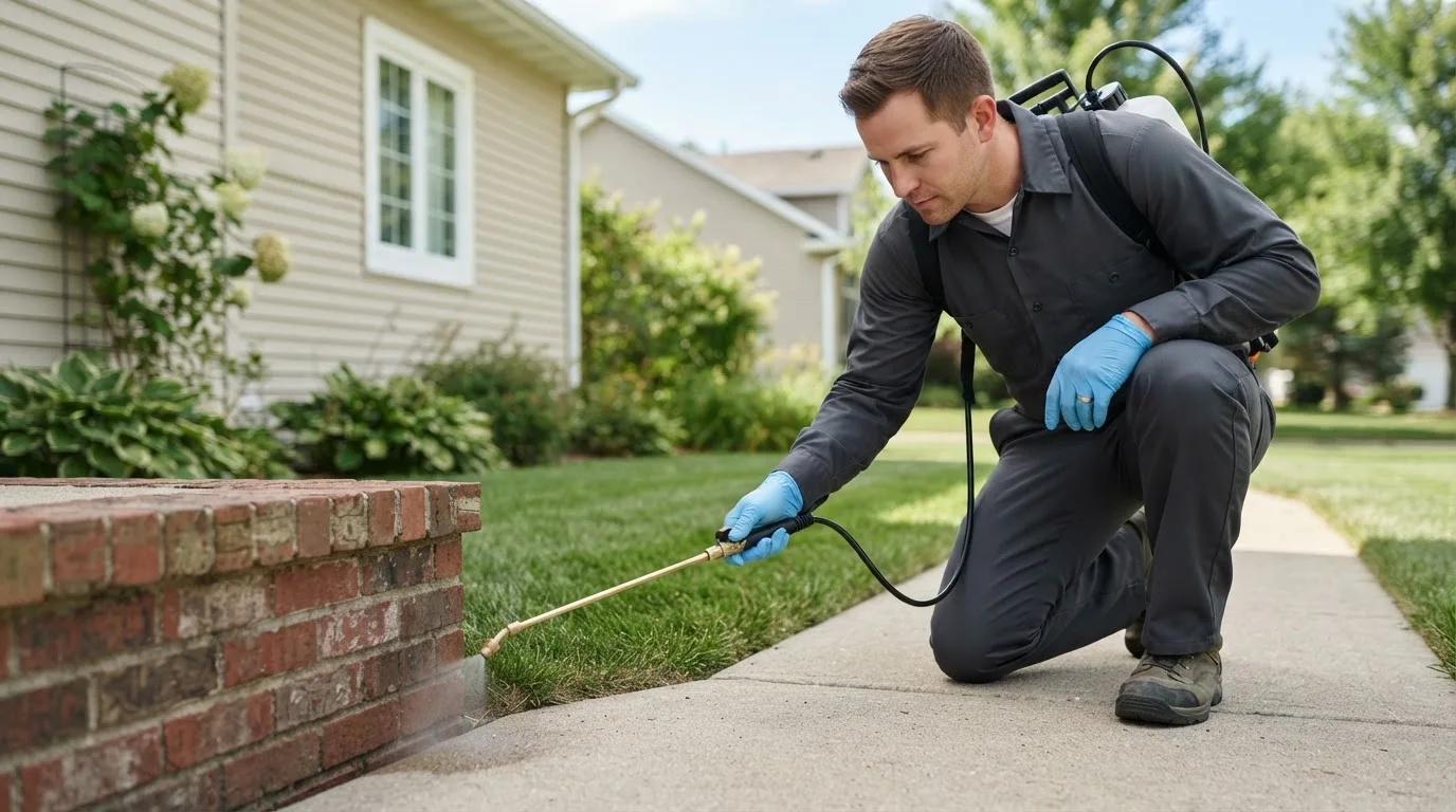 Pest control technician treating a home near S Coffeyville, OK