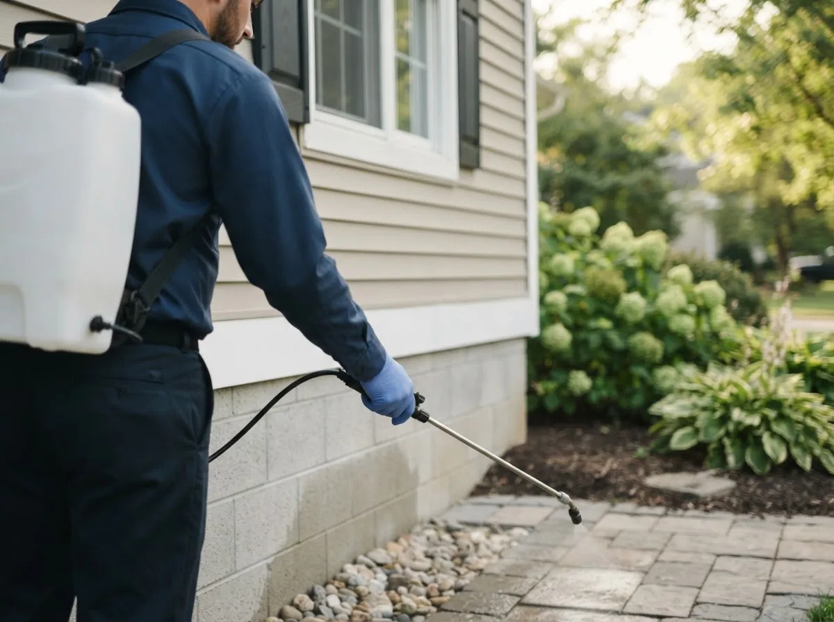 Pest control technician inspecting a home in S Coffeyville, OK